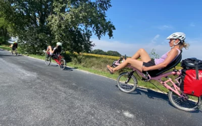 Family of four touring on recumbent bicycles