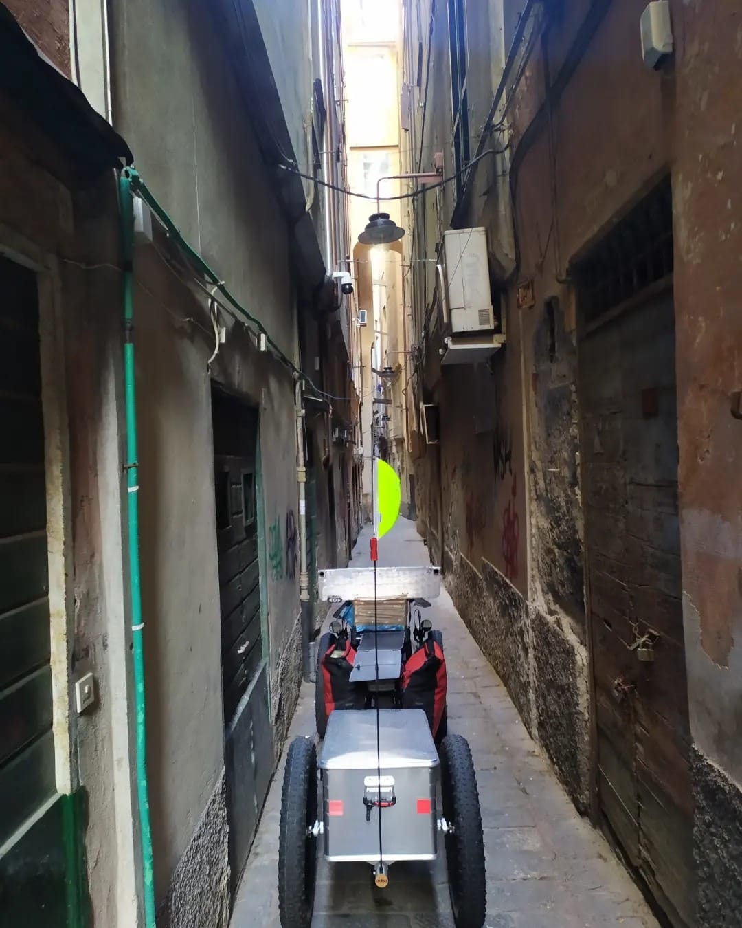 Riding through narrow streets of Italian village